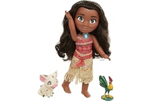 Disney Princess Singing Moana and Friends Feature Doll, 15” / 23cm Tall Doll Sings ‘How Far I’ll Go’ and Her Necklace Magically Lights Up, Includes Pua Pig and Rooster Heihei