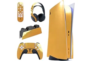 PlayVital Full Set Skin Decal for ps5 Console Disc Edition + Controller + Charging Station + Headset + Media Remote, Premium Vinyl Sticker, Chrome Gold Glossy
