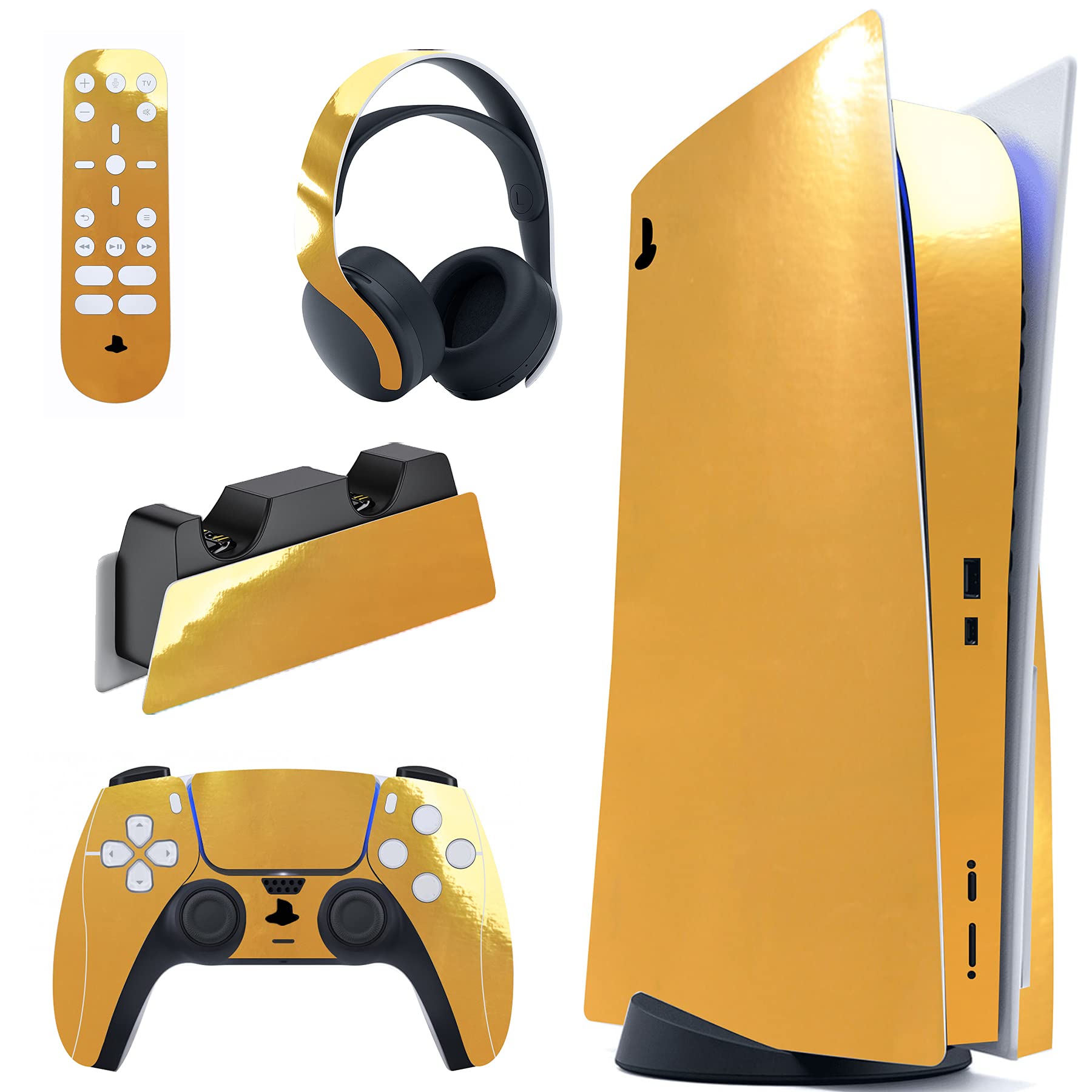 PlayVital for ps5 Skin - Disc Edition Full Set Vinyl Decal Sticker, Cover Skin Accessories for ps5 Controller & Charging Station & Headset & Media Remote - Black - 1