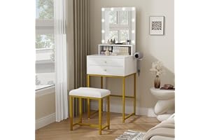 YOURLITE Zestaw toaletki ze stołkiem, stolik do makijażu z podświetleniem LED, 3 kolory z regulowaną jasnością, 2 szuflady, stojak na suszarkę do włosów, biały