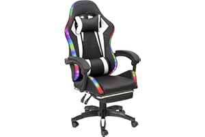 Baroni Home Sedia Gaming Ergonomica con Cuscino Lombare, Luci Led Regolabili e Poggiapiedi Estraibile, Sedia Ufficio con Schienale Inclinabile e Altezza Regolabile, Bianco, 68x66x125-133 cm
