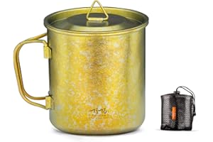 TiTo Titanium Cup Camping Tea Coffee Water Mug Ultralight Portable Cookware 450ml Foldable Handle Titanium Pot with Lid for Outdoor Backpacking Hiking Picnic Drinkware Open Fire (Gold)