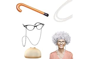 Finrezio 6-Piece Granny Cosplay Set - Old Lady Costume, Wig (White, Grey, Black), Cap, Cane, Glasses, Necklace - Halloween, Christmas, Stage Cosplay