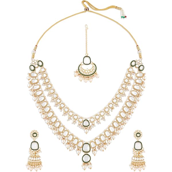 Shostopper By Sukkhi Kundan & Green Faux Beads Jewelry Set - Necklace, Earrings & Maangtikka - View #7