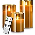 AYMNOOR 3PCS Gold Flameless LED Candles Set with Remote Control, Battery Operated 24-Hour Timer, Pillar Candles Real Candle Wax, Flickering Moving Wick, Tea Light Candles for Home, Festivals, Weddings