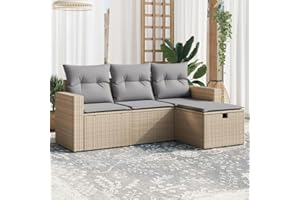Emmtore 4-TLG. Garten-Sofagarnitur mit Kissen Poly Rattan,1 x Mittelsofa+2 x Sofa mit Armlehnen+1 x Fußhocker,Beige und Grau,ohne Stauraum