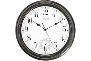 OCEST Große Außen- und Innenuhr, wasserdichte Wanduhr mit Thermometer, wetterbeständig, nicht tickend, batteriebetrieben, dekorative Uhr für Terrasse, Pool, Lanai, Zaun, Garten, Badezimmer (30.5 cm)