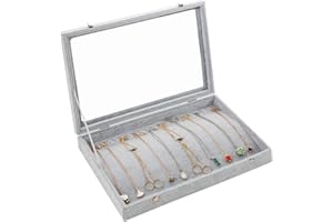 Yewclls Scatola di Collana Cofanetto Portagioie in Velluto Argentato con 20 Ganci e Coperchio in Vetro - Porta Gioielli per Collane, Bracciali e Cavigliere 35x 24x 4.5cm