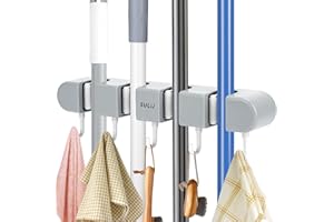 TAOPE Wieszak na miotły i mopy bez wiercenia, uchwyt na miotły ścienne 4 uchwyty i 5 haczyków, szary samoprzylepny uchwyt na miotły, organizer na miotły ścienne do domu łazienki kuchni jadalni garażu