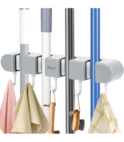 Supporto A Parete Per Mocio In Acciaio Inox Con 3 Pinze E 4 Ganci, Regolabile Per Manici 18-28 Mm, Installazione Con Colla O Fori, Ideale Per Bagno E Cucina