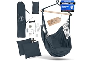 ‎BM BELLAMATILDA BELLAMATILDA Hängesessel 100% Baumwolle + 360° Montagezubehör, extra lang und 3 Kissen, Hängesessel Outdoor & Indoor, XXL-Hängesitz für Erwachsene & Kinder bis 150 kg, Garten, Wohnzimmer, Balkon(O.Gr)