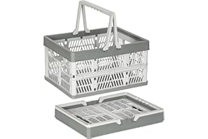 PAG-Mass 2×30L Collapsible Storage Crates with Handle,Portable Outdoor Picnic Shopping Basket,Plastic Folding Crate for Milk Clothes Toy Book Snack Grocery Storage,Gray