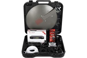 SKY VISION Camping Sat Anlage für den mobilen Gebrauch, Stahl Satellitenschüssel Komplettset mit Single Universal LNB und HDTV Satelliten Receiver, Sat Schüssel 40 cm mit 10 m Anschlusskabel