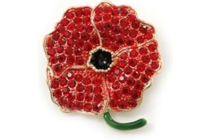 Avalaya Red Austrian Crystal Poppy Flower Brooch in Gold Plating - 40mm Length