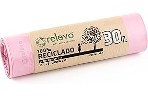 Relevo Sacchi Spazzatura Rosa con Maniglie – 30L (Largh 55 cm x Alt 60 cm), 15 Sacchi per Rotolo | Profumati e Extra Resistenti | 100% LDPE Riciclato | Certificato Blue Angel