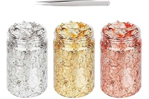 45g Foil Flakes, BetterJonny 3 Bottles Gold Leaf Flakes Gold Foil Copper Leaf Silver Leaf Metallic Foil Flakes with Tweezer for DIY Craft