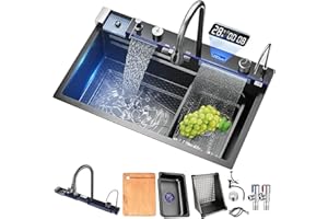 FGNIXLN Lavello da cucina T304 in acciaio inox, lavello da cucina multifunzionale, lavello a cascata, lavello da incasso con rubinetto digitale multifunzionale e vari accessori (85x45 cm grigio)