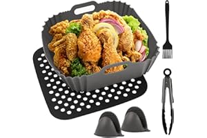 TENGWUDZ Molde silicona freidora de aire cuadrada 20cm con Guantes, 5 piezas Accesorio Premium Freidora De Aire Pinzas Cepillos Cojín, Bandeja Silicona Freidora Sin Aceite 4.7L-6L
