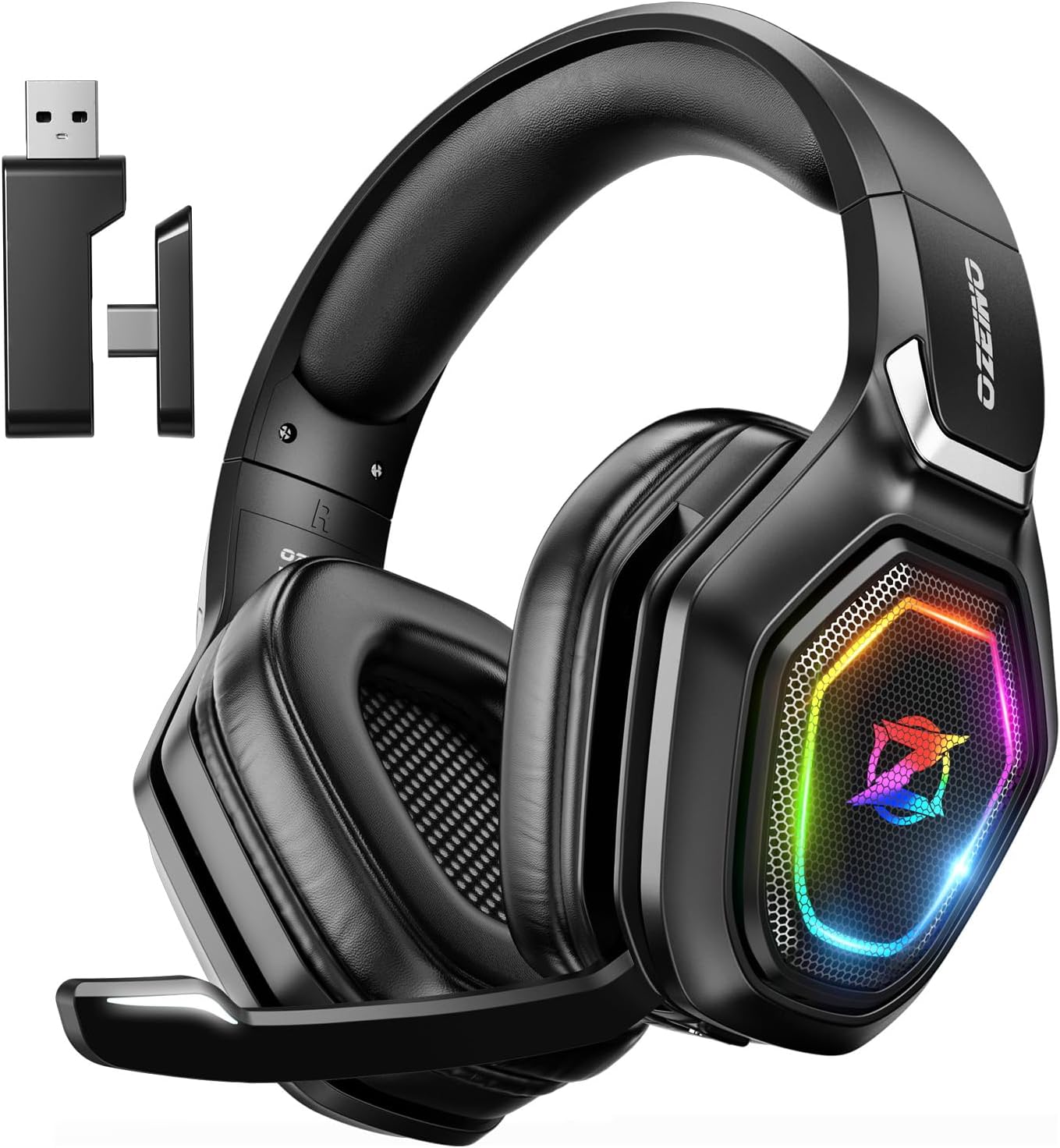 Ozeino Wireless Gaming Headset, Compatible with PC Ps5 Ps4 Boasts 2.4GHz Lossless Audio, USB & Type-C, Flip Microphone and 40-Hr Battery - Suited for Switch, Laptop, Mac