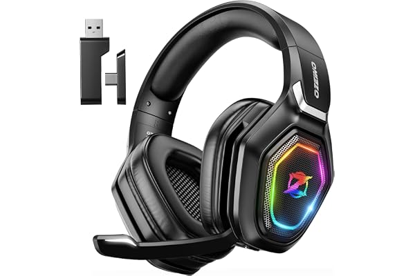 Ozeino Casque Gaming sans Fil pour PC PS5 PS4, 2.4GHz Audio sans Perte, USB & Type-C Casque de Jeu Ultra Stable avec Microphone Flip (Noir)
