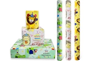 HJYODY 3 rotoli di carta da regalo per compleanno da 43 cm x 3 m, carta da regalo riciclabile con stampa di leone, coccodrillo e riccio per decorazioni per regali di compleanno per bambini