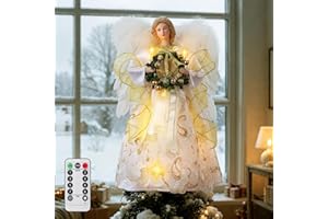 Lomffy Angel Árbol de Navidad Topper, 12.6 Pulgadas Ángel de Árbol de Navidad con 8 Modos de Luz Decoración de Árbol de Ángel con Alas de Plumas Blanca, Control Remoto y Alimentación por USB (B)