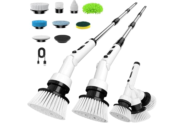 Yesiview Brosse Nettoyage Electrique Rotative -Brosse de Nettoyage Electrique avec 8 Têtes, 3 Vitesses Manche Extensible Rechargeable Brosse Nettoyage pour Salle de Bain, Cuisine et Voiture