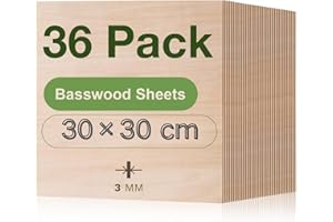 ROBOTIME Tablero Madera Contrachapada 3mm 30×30cm 36 Piezas Linden Tablero de Madera a Medida Para Bricolaje,Pirograbado Corte por Laser CNC Router Modelado