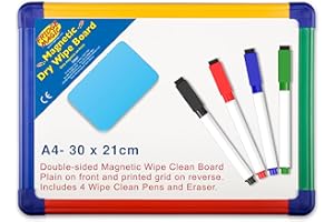 FRIDGE MAGIC Premium A4 Magnetic Whiteboard 30 x 21cm- Double-Sided with Dry Erase Surface - Grid Printed on 1 Side - Ideal for Kids & Adults - Home & Office - Includes 4 Wipe Clean Pens and Eraser