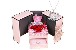 Weiope Rosa Eterna con Oso de Musgo,Rosa Eterna Natural Preservada con Collar Regalos Originales para Mujer Mama Novia Caja Regalo San Valentin,Dia de la Madre,Aniversario,Cumpleaños,Navidad