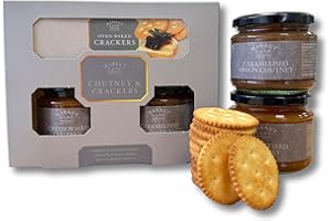 FUNTASY GIFTS Traditional Chutney and Crackers Gift Set by The Market Lane Food Company - Caramelised Onion Chutney and Cheeseboard Chutney With Oven Baked Crackers Artisan Biscuits Selection