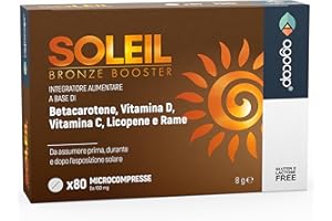 AGOCAP Acceleratore Abbronzatura Forte, SOLEIL. Integratore abbronzatura, 80 compresse con Betacarotene, Rame, Selenio, Licopene, Vitamine C, D, E, B. Autoabbronzante corpo - Prepara, Accelera e mantiene