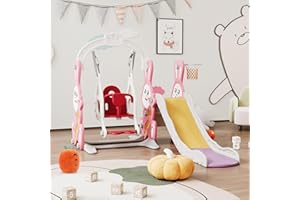 MIOOSUT Scivolo Bambino, Scivolo Altalena Bebe 4 in 1, con Altalene, Scale, Scivoli, Rack da Pallacanestro, Area giochi al coperto ed all'aperto, Multifunzionale (Rosa, Coniglio)