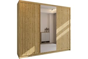 MN FURNITURE Roni Wide Wardrobe with Hanging Rails, Shelves and Drawers, Freestanding Closet Cabinet and Wardrobe with Sliding Mirror Doors for Bedroom (Oak, 250cm)