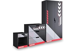 X-Rocker Octane 3 Piece Bedroom Furniture Set, Kids Bedroom Furniture Set, Racing Pattern, Soft Close Wardrobe, + 3 Storage Drawer Chest of Drawers, 1 Drawer Bedside Cabinet, BLACK & RED Set