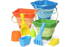 LNCOJOLM Beach Castle Buckets Sand Toys Foldable Pails Set for Kids, Collapsible Bucket Castle Molds with Small Plastic Shovels Rake Spade Tool Kits, Gifts for Toddler Boys Girls Summer Fun