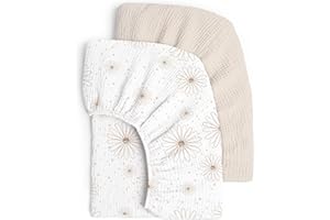 lulumoon Lot de 2 draps-housses en mousseline de coton pour enfant - 60 x 120 cm / 70 x 140 cm, pour lit de voyage, lit d'appoint, linge (pâquerettes, blanc, 70 x 140 cm)