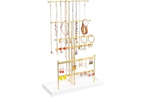 Casiwaft Jewelry Stand Holder, 6 Tiers Hanging Jewellery Organizer Stand with Wood Tray Base, Tabletop Necklace Holder, Earring Organizer Jewelry Tower Tree for Bracelet Display, Gold
