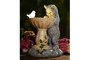 Goodeco Solar-Katzenstatue, Ornament mit Vogeltränke, wasserdichte Harz-Skulptur mit Solar-Vogellichtern, Gartenkatze, Geschenke für Frauen/Mutter/Oma, Dekoration – Grau
