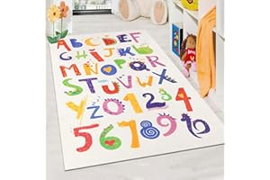 ‎ENYHOM Enyhom Kinderzimmerteppich Flauschiger Weicher Spielteppich, Alphabet und Zahl Muster Lernteppich, Antirutsch Waschbar Kinderteppich für Junge Mädchen, Pflegeleicht, Grösse: 90 x 150 cm