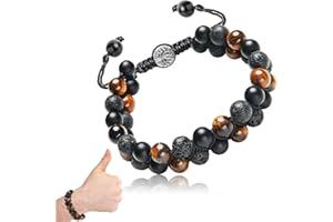 TWOBUD Mens Tigers Eye Bracelet, Black Obsidian Lava Rock Beads Adjustable Wristband Natural Crystal Stone Bead Jewellery Gift for Boyfriend Husband Dad Anniversary Birthday Christmas