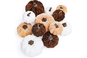 AnyDesign 12Pcs Fall Artificial Pumpkins 3 Sizes Fake Velvet Pumpkins Faux Foam Brown Khaki White Pumpkins Autumn Table Centerpiece for Farmhouse Fall Harvest Thanksgiving Halloween Party Decoration