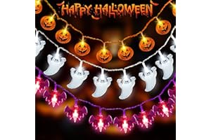 Quunoot Halloween Deko Outdoor, 9M 60 LED Lichterkette Dekoration, 2 Modi Blinkend Dauerhaft Leuchtend, Weißes Gespenst lila Fledermaus Orange Jack Kürbislaternen Schnur für Yard Garten Party