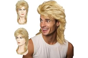 FOUNSHO Peluca Mullet Para Hombre, Hombre Peluca Rubio Larga, Pelucas Carnaval Punk 70s 80s Mullet, Disfraces Carnaval Halloween Cosplay de Estrella de Rock Fiesta Accesorios (Rubio)