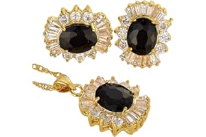 RIZILIA Jewellery Set Pendant with 45cm(18") Chain & Stud Earrings Oval Cut Gemstones CZ [6 Colours Available] in 18K Yellow Gold Plated, Simple Modern Elegance