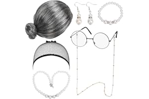 LOPOTIN 7TLG Oma Perücke Kostüm Accessoire Set Oma Brille mit Perlen Armband Perlenkette Cosplay Zubehör Granny Kostümzubehör Großmutter Verkleidung für Fasching Karneval Halloween Damen Mädchen