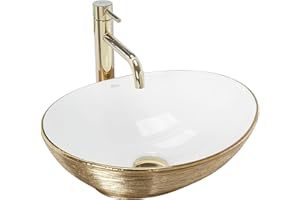 Rea Aufsatzwaschbecken Sofia Brush Gold Waschtisch Handwaschbecken Waschschale Waschbecken für Badezimmer aus hochwertiger Keramik 410 x 345 x 150 mm (Gold/weiß)
