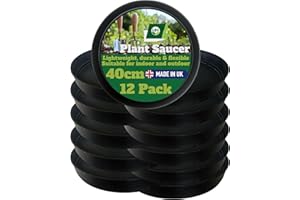 LBS HORTICULTURE 12 Pack Outdoor & Indoor Plant Pot Saucers – Frost & Crack Resistant. Durable Round Black Trays, High Rims, Lightweight And Reusable. UK Made. Prevent Surface Damage & Catch Excess Water. 40cm Diam.