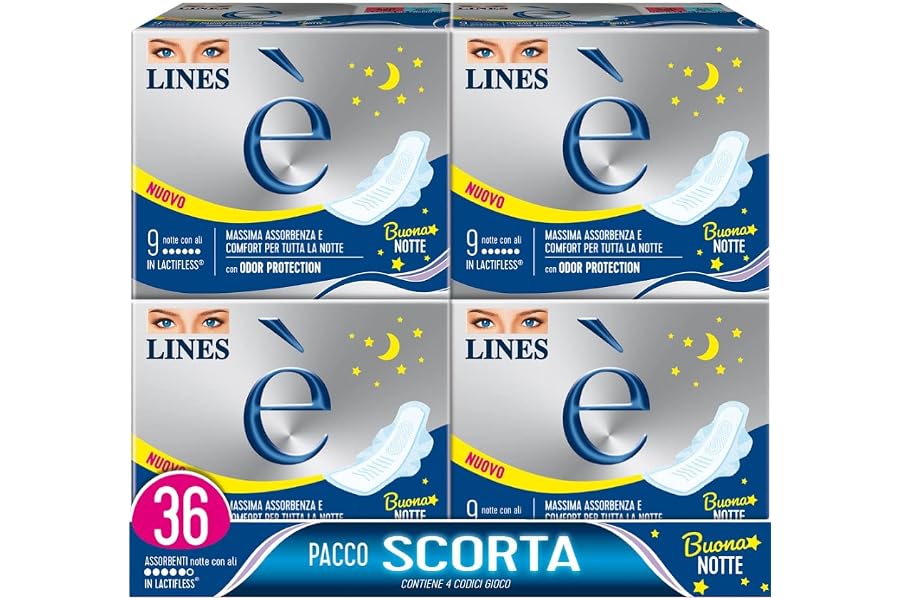 Assorbenti LINES È NOTTE con ali x36 pezzi per ciclo mestruale | l'unico assorbente con struttura in Lactifless, assorbenza e