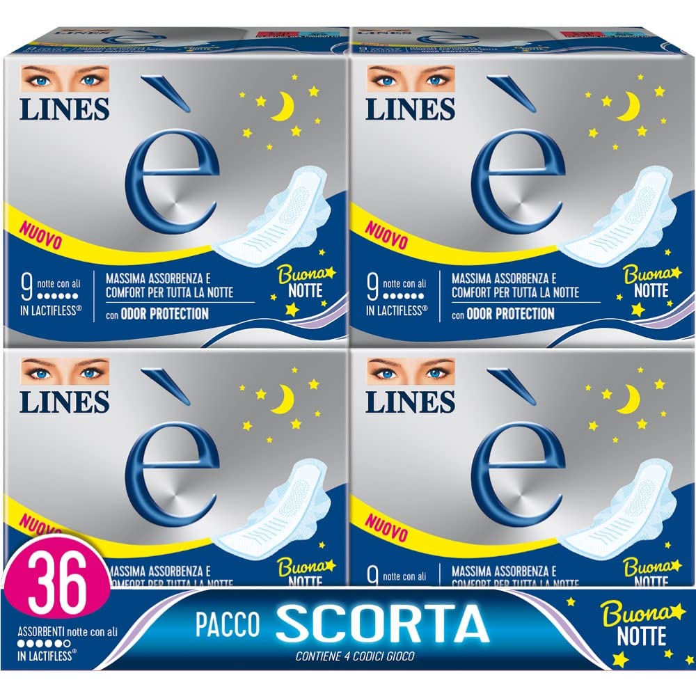 LINES È NOTTE con ali, Pacco scorta da 36 assorbenti per ciclo mestruale, l'unico con struttura in Lactifless, Assorbenza e comfort per tutta la notte, con Odor Protection